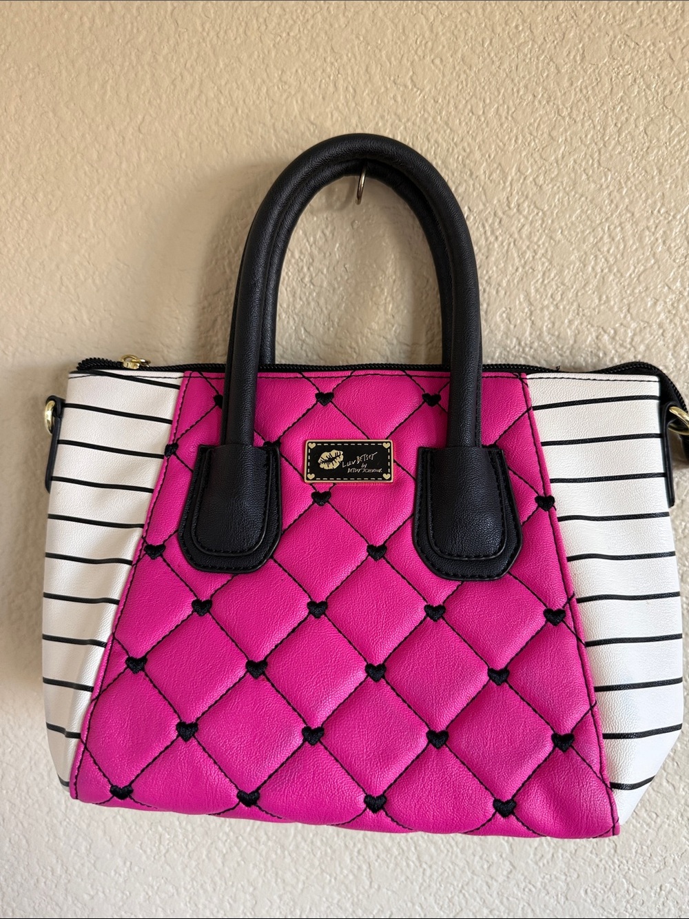 Pink Quilted Betsey Johnson Satchel Handbag with Black Trim - Women Bags